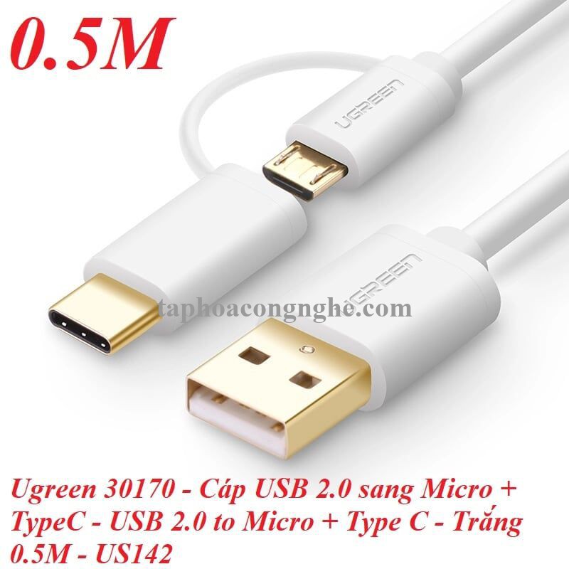 Ugreen 30170 0.5M màu trắng Cáp USB-A sang Micro USB + USB-C cao cấp US142 30030170